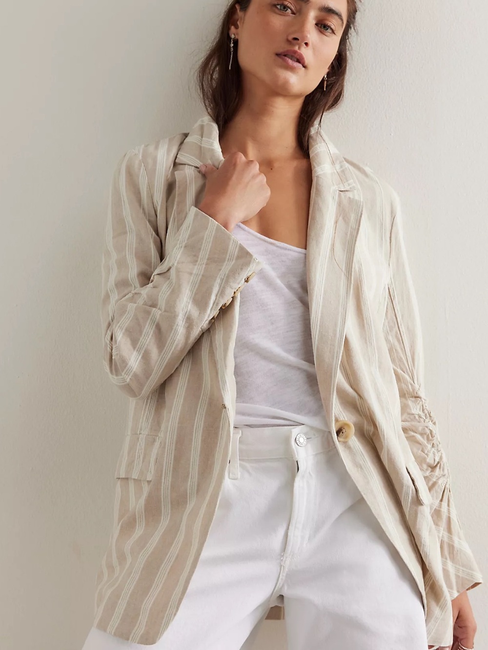 Free People Fern Beige & White Striped Cotton Linen Jacket Blazer L NWT